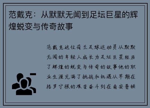 范戴克：从默默无闻到足坛巨星的辉煌蜕变与传奇故事